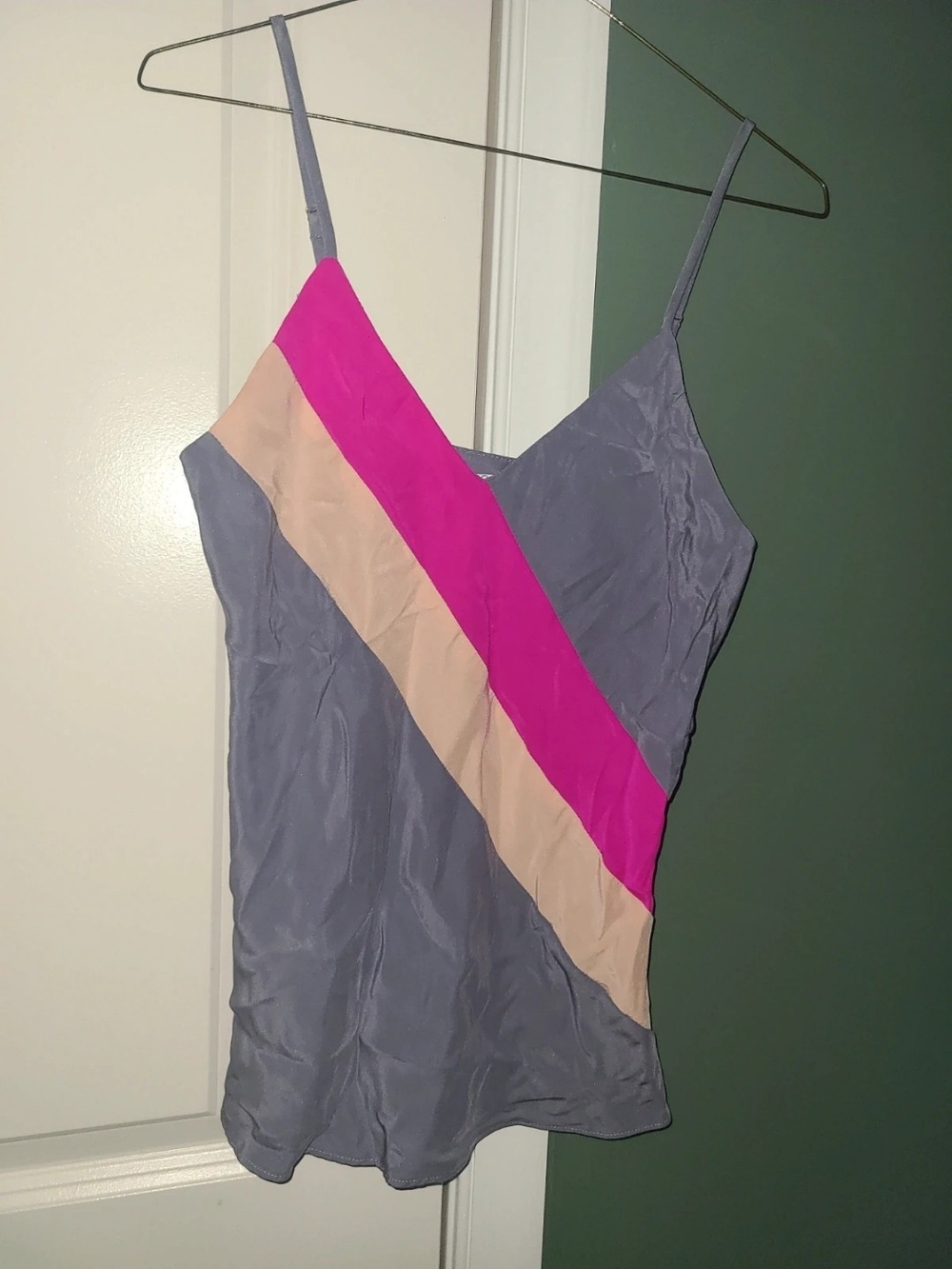 Amanda Uprichard Gray Satin Cami with Pink and Cream Diagonal Stripes